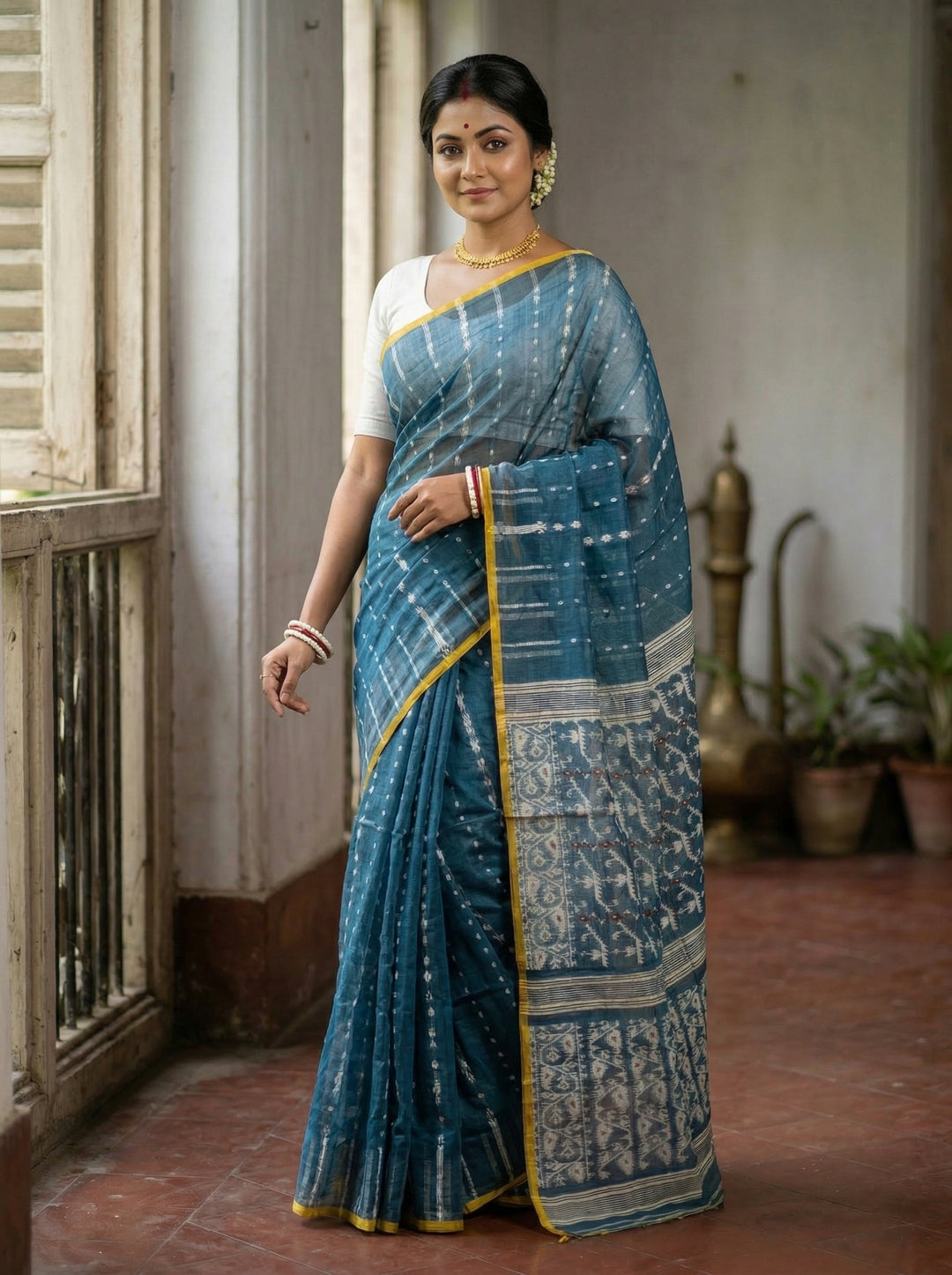 Moner Alo-Bengal Jamdani Saree (Grey And Yellow)