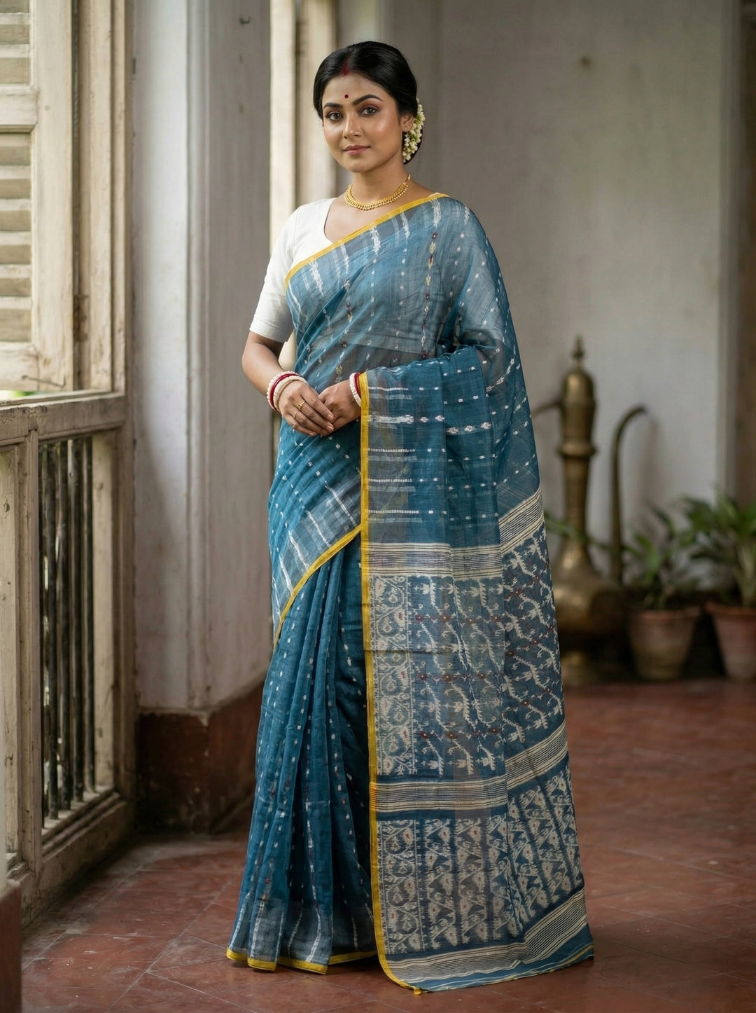 Moner Alo-Bengal Jamdani Saree (Grey And Yellow)