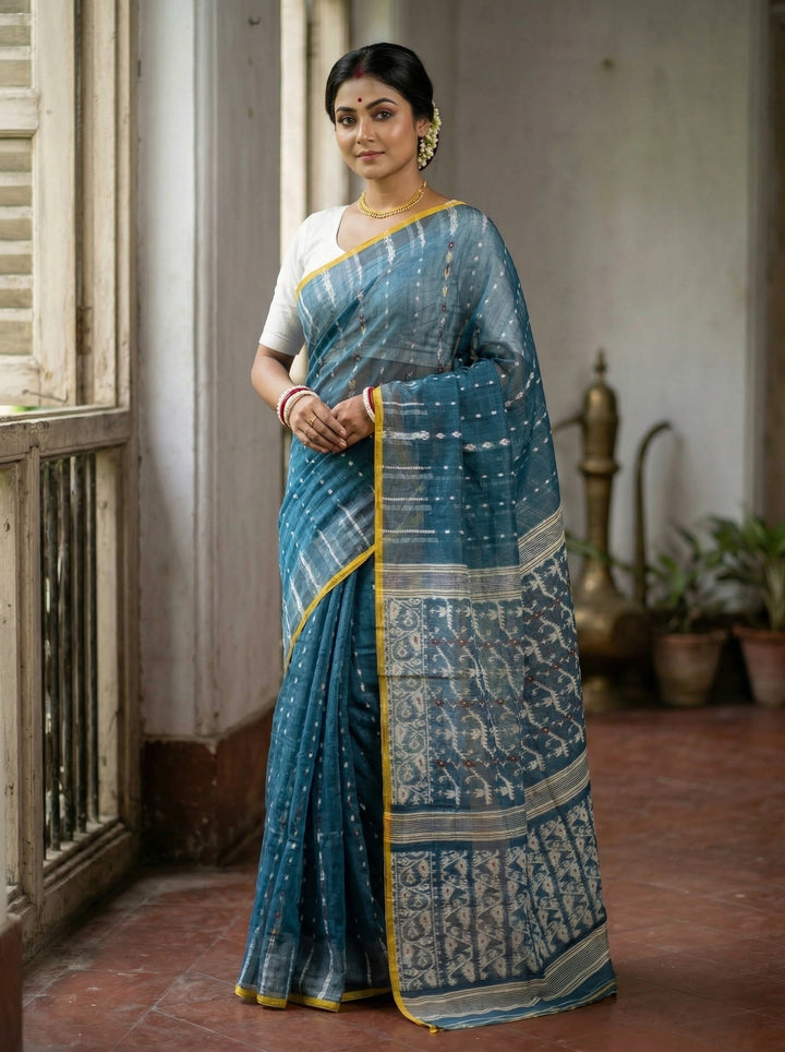 Moner Alo-Bengal Jamdani Saree (Grey And Yellow)