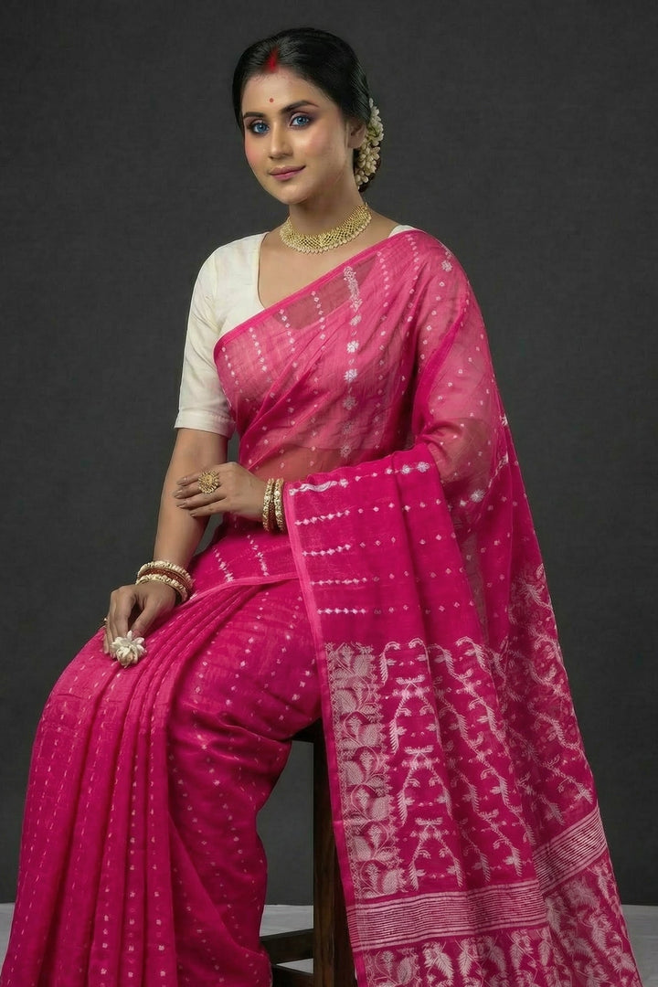 Shatarupa Bengal Jamdani Saree (Deep Pink)