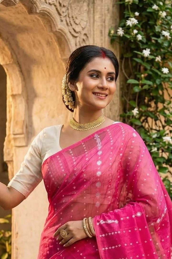 Shatarupa Bengal Jamdani Saree (Deep Pink)