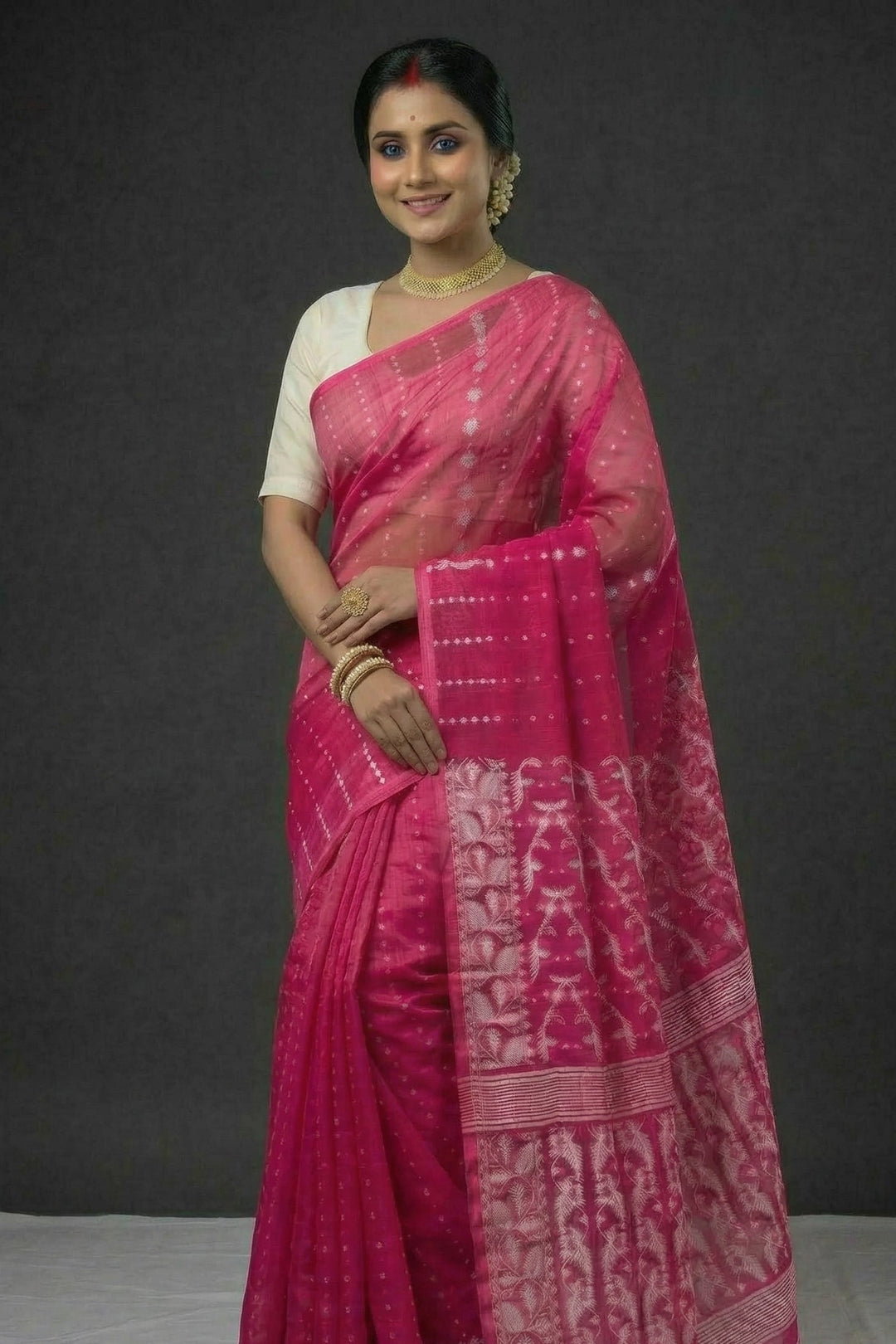 Shatarupa Bengal Jamdani Saree (Deep Pink)