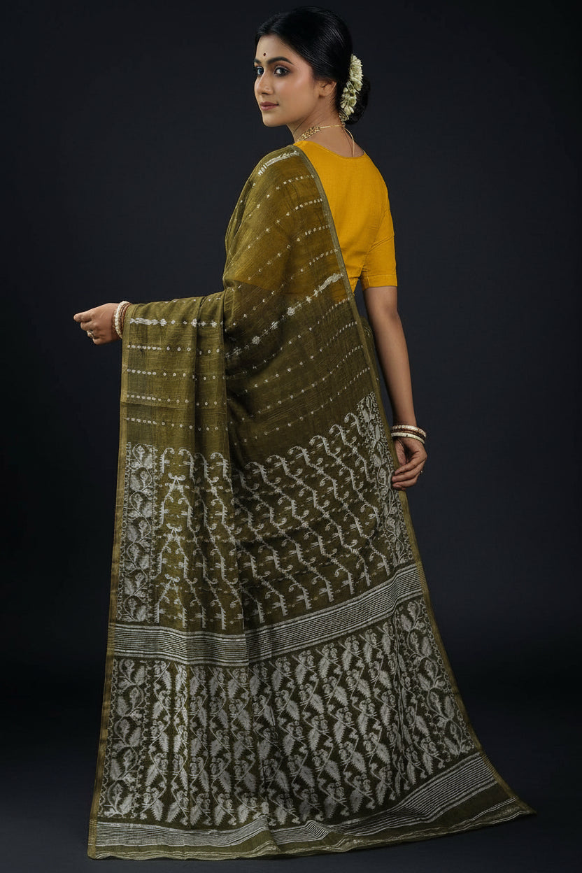 Shatarupa Bengal Jamdani Saree (Olive Green, Yellow Border)