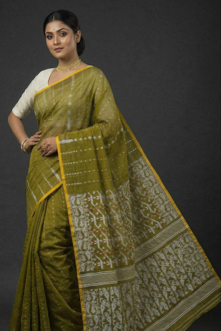 Shatarupa Bengal Jamdani Saree (Olive Green, Yellow Border)