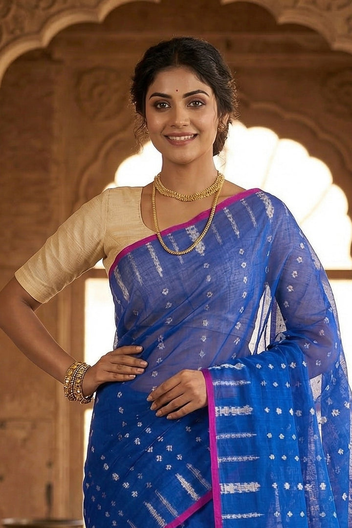 Shatarupa Bengal Jamdani Saree (Blue Saree, Pink Border)