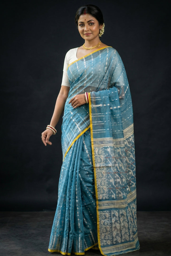 Shatarupa Bengal Jamdani Saree (Sky and Yellow)