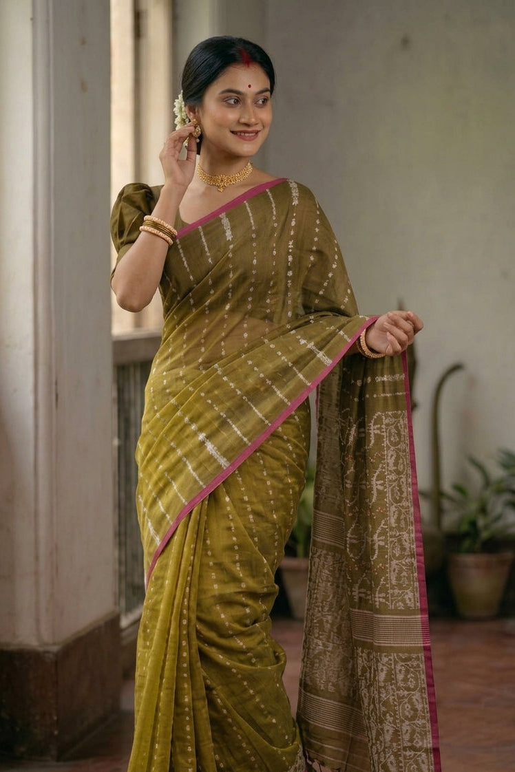 Shatarupa Bengal Jamdani Saree (Green Saree Pink Border)