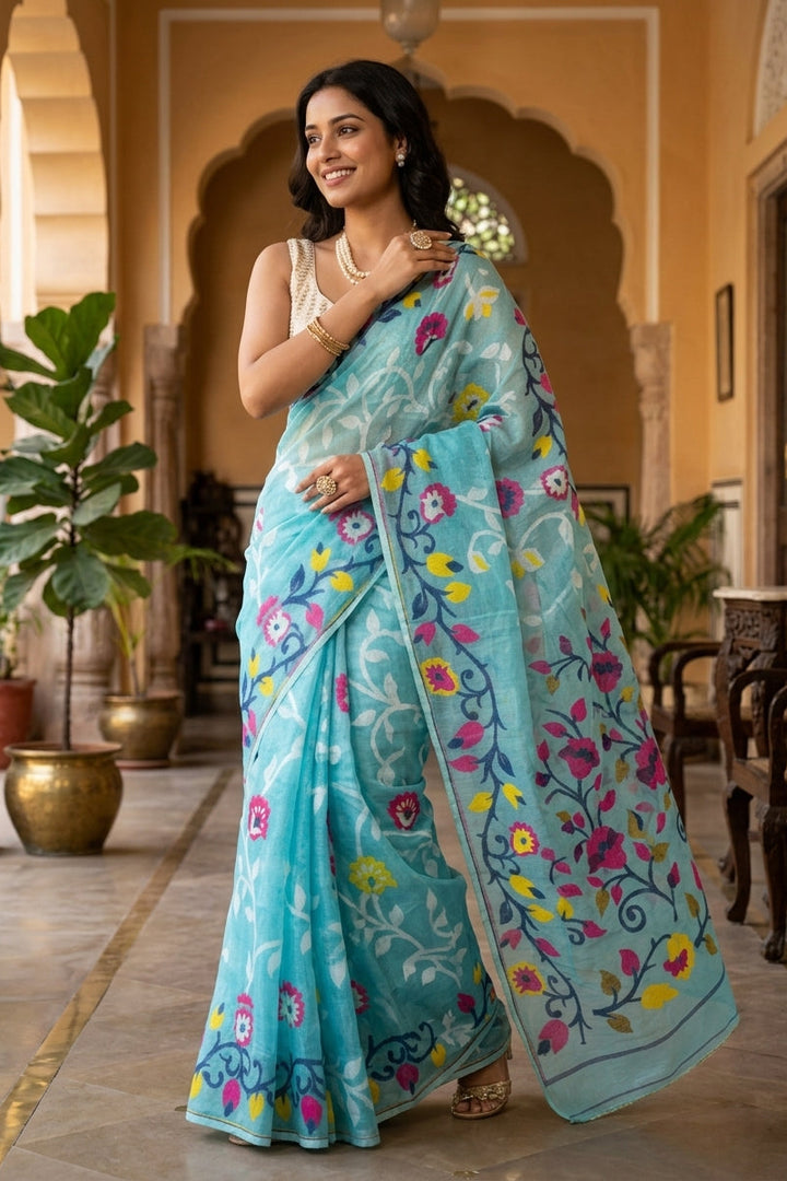 Neel Megh Dhakai Jamdani Saree