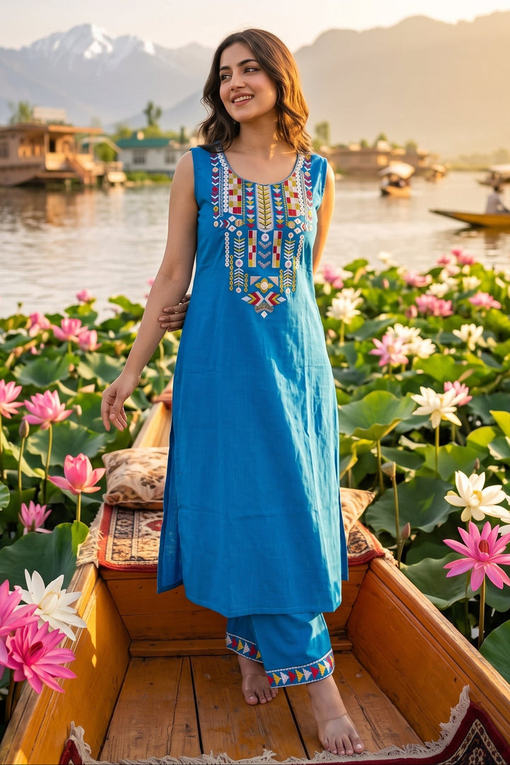 Ocean Bloom Cotton Kurti Set