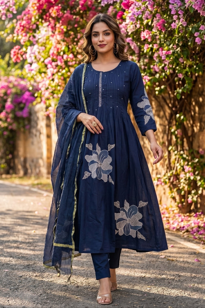 Those Days Blue Cotton Embroidery Kurti Set