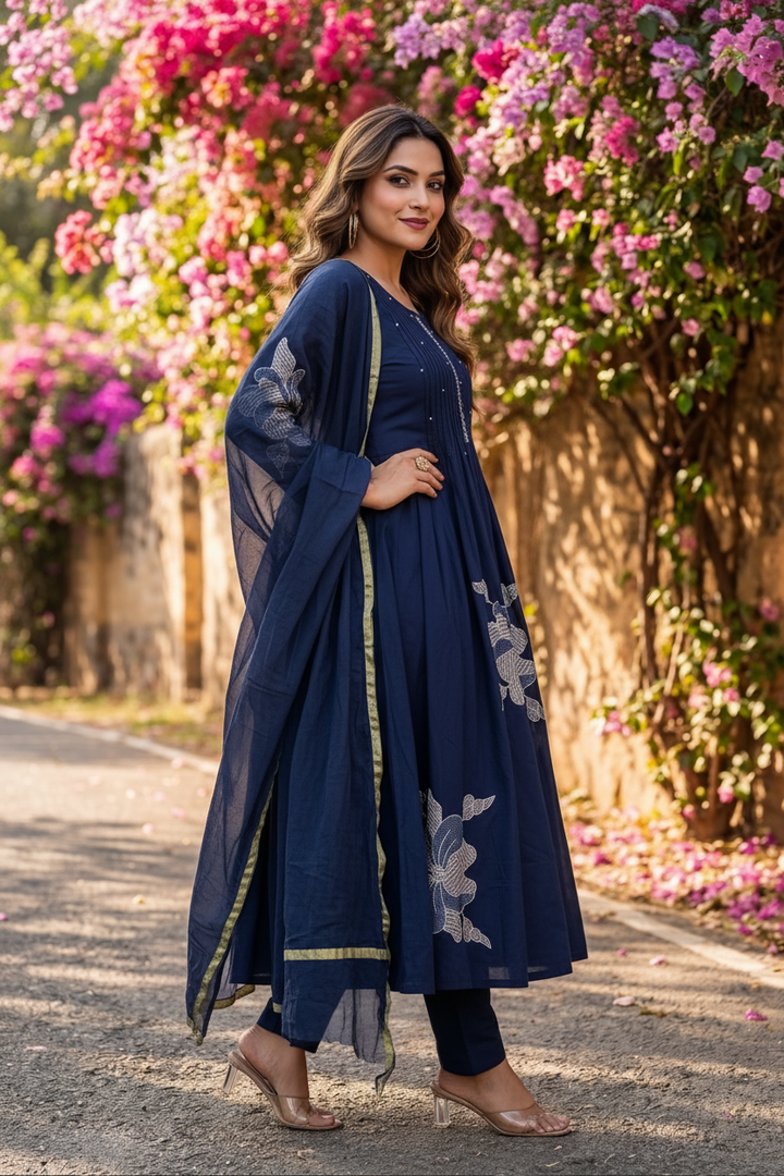 Those Days Blue Cotton Embroidery Kurti Set