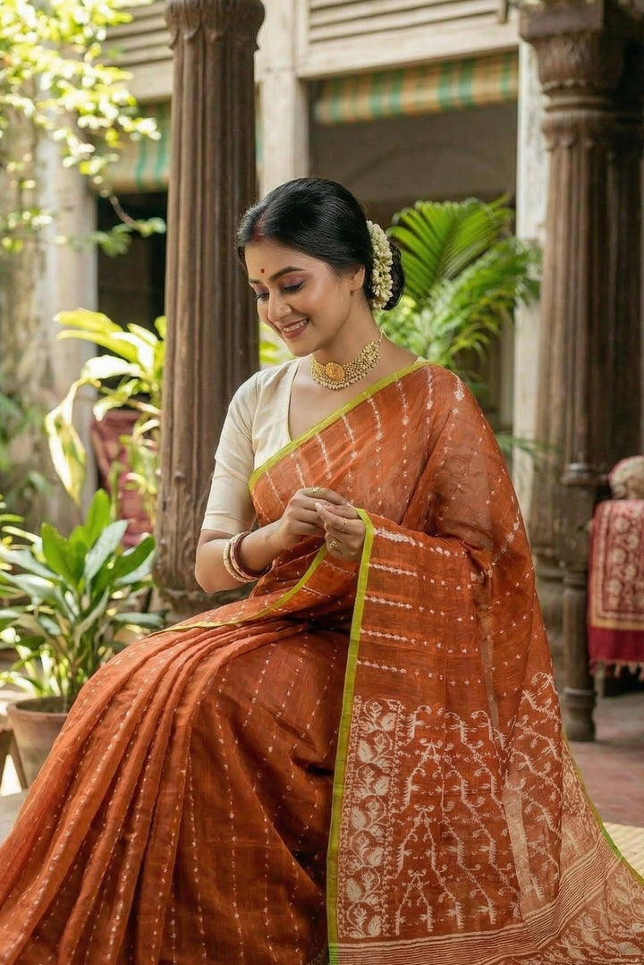 Shatarupa Bengal Jamdani Saree (Brown, Green)