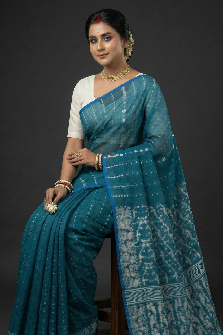 Shatarupa Bengal Jamdani Saree (Teal)