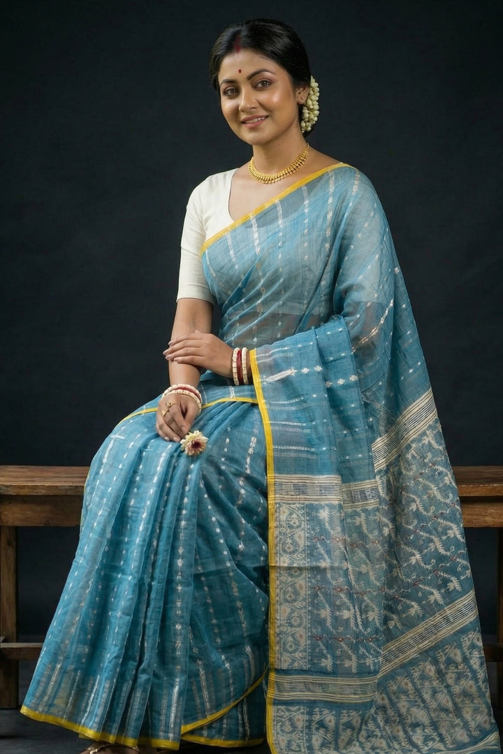 Shatarupa Bengal Jamdani Saree (Sky and Yellow)