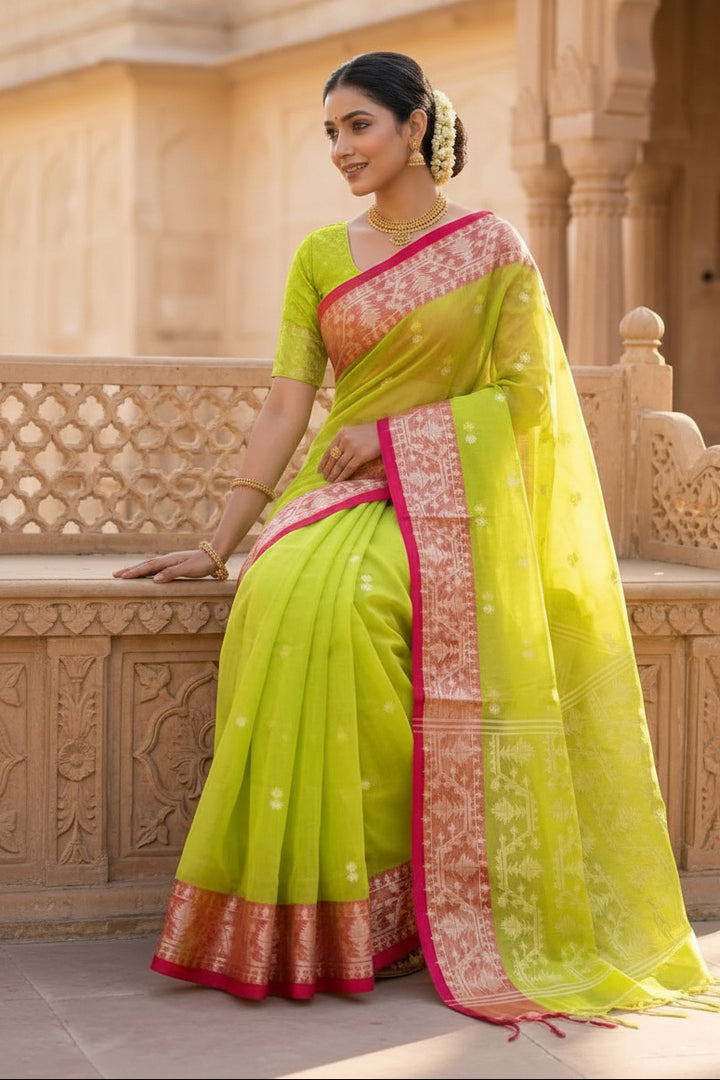 Hiyar Majhe Muslin Cotton Saree (Light Green Saree Red Border)