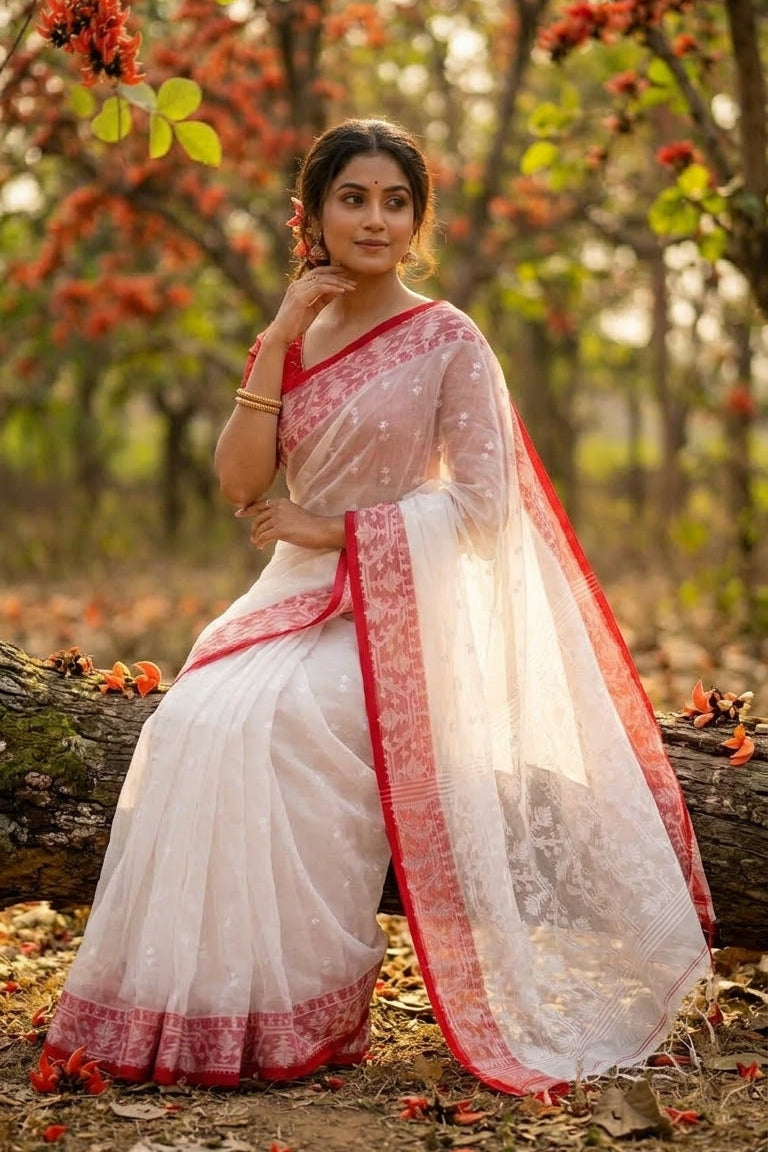 Hiyar Majhe Muslin Cotton Saree (White Saree Red Border)
