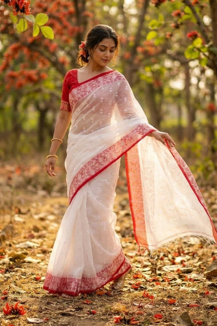 Hiyar Majhe Muslin Cotton Saree (White Saree Red Border)