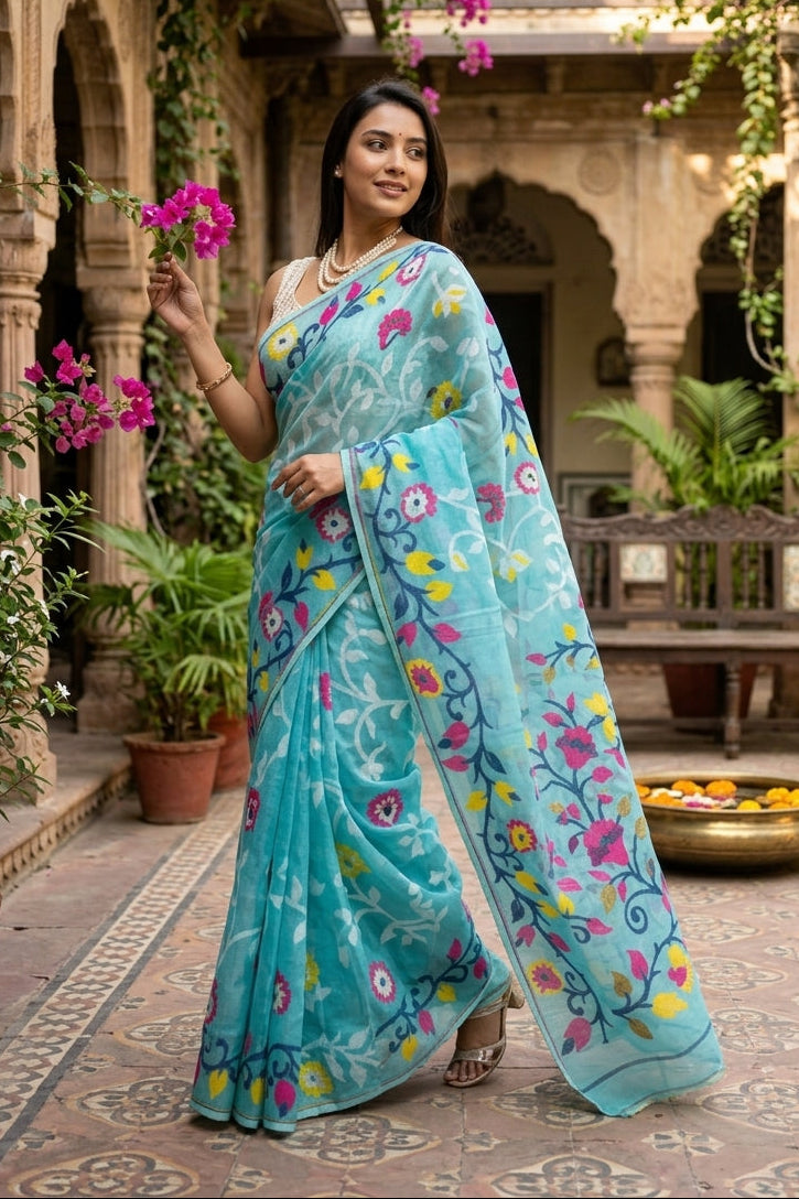 Neel Megh Dhakai Jamdani Saree