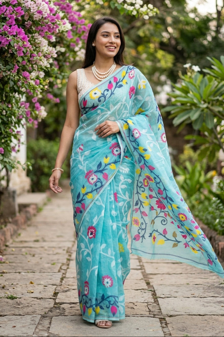 Neel Megh Dhakai Jamdani Saree