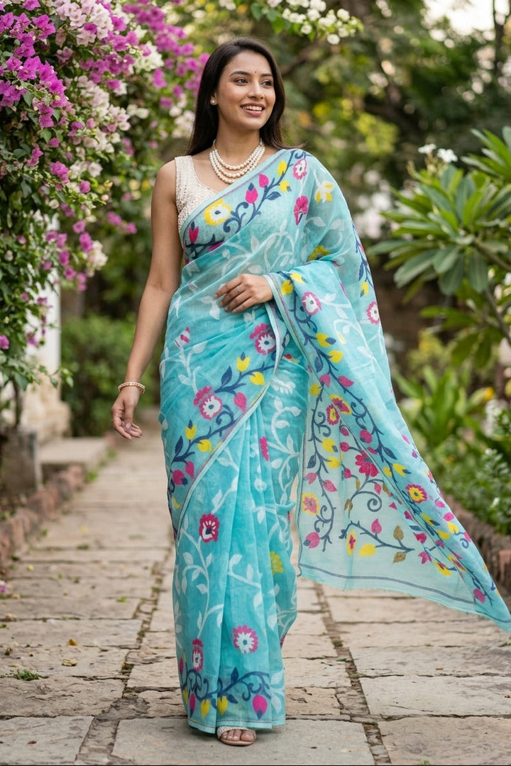 Neel Megh Dhakai Jamdani Saree