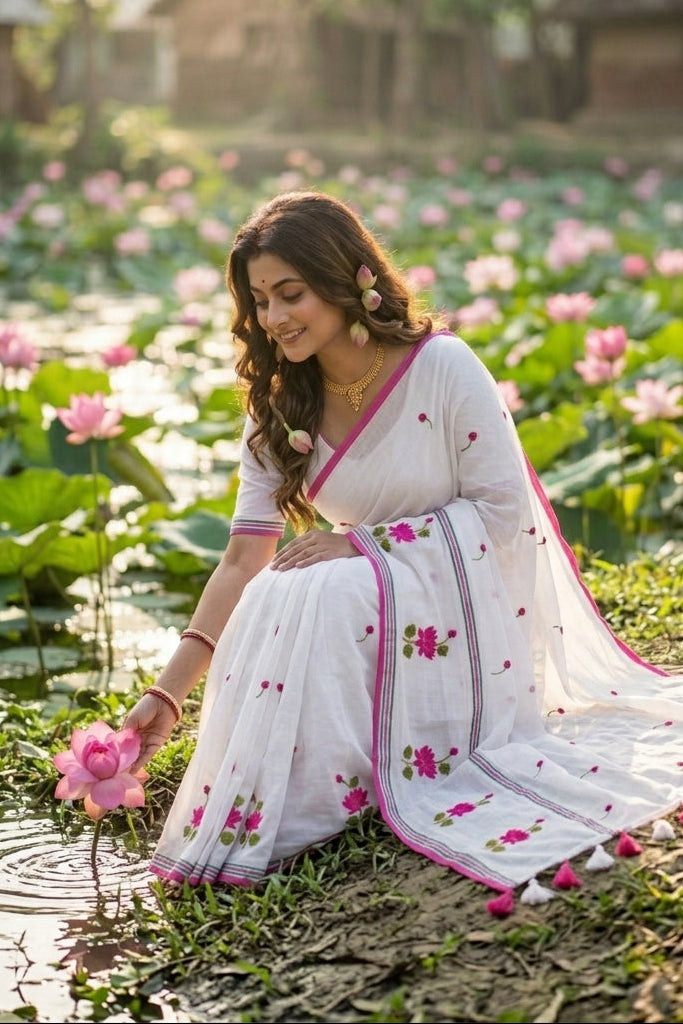 Lotus Girl Embroidery Mul Cotton Saree