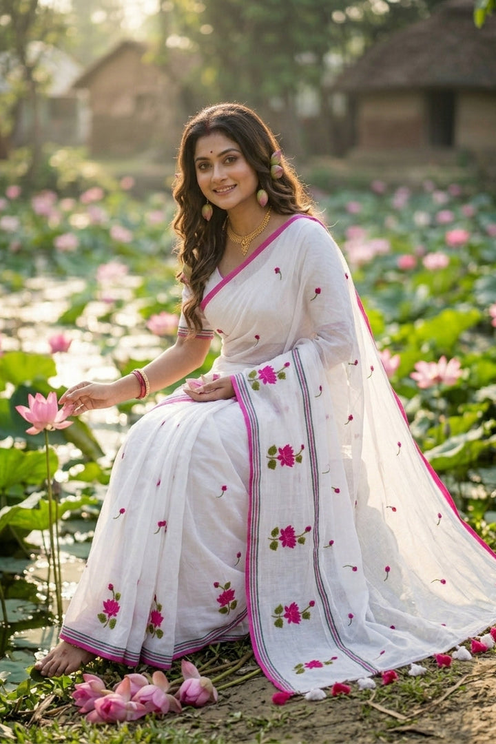 Lotus Girl Embroidery Mul Cotton Saree