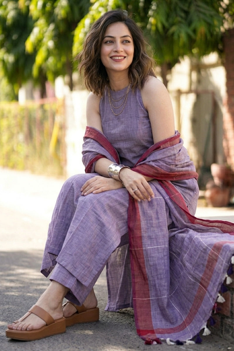 Garmi Relief Cotton Set With Linen Dupatta (lavender)