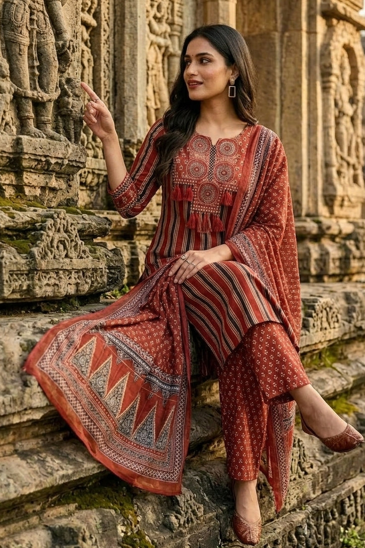 Kutchi print Cotton Kurti Set