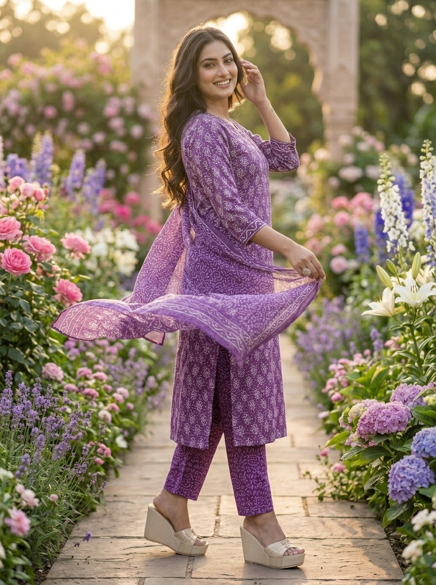 Generosity Of Dark Violet Cotton Kurti Set