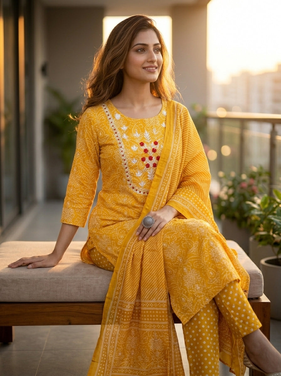 Incredible Bandhni Cotton Kurti Set