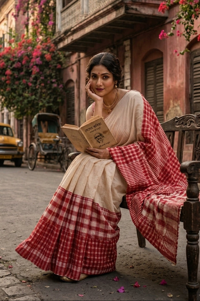 Ekaparna Khadi Cotton Saree(Kora Color)
