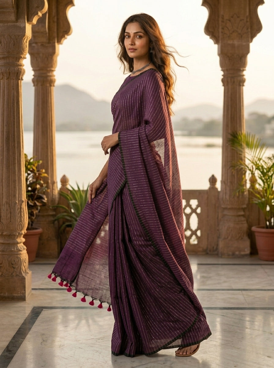 Bengal Khadi Saree Purple Stripe