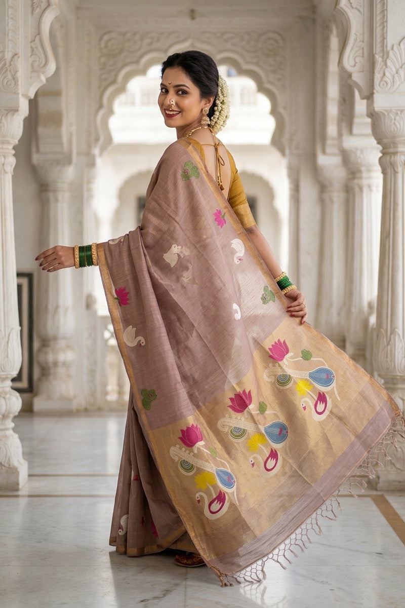 Beena Bandana Tissu Paithani Silk Linen Banarasi Saree