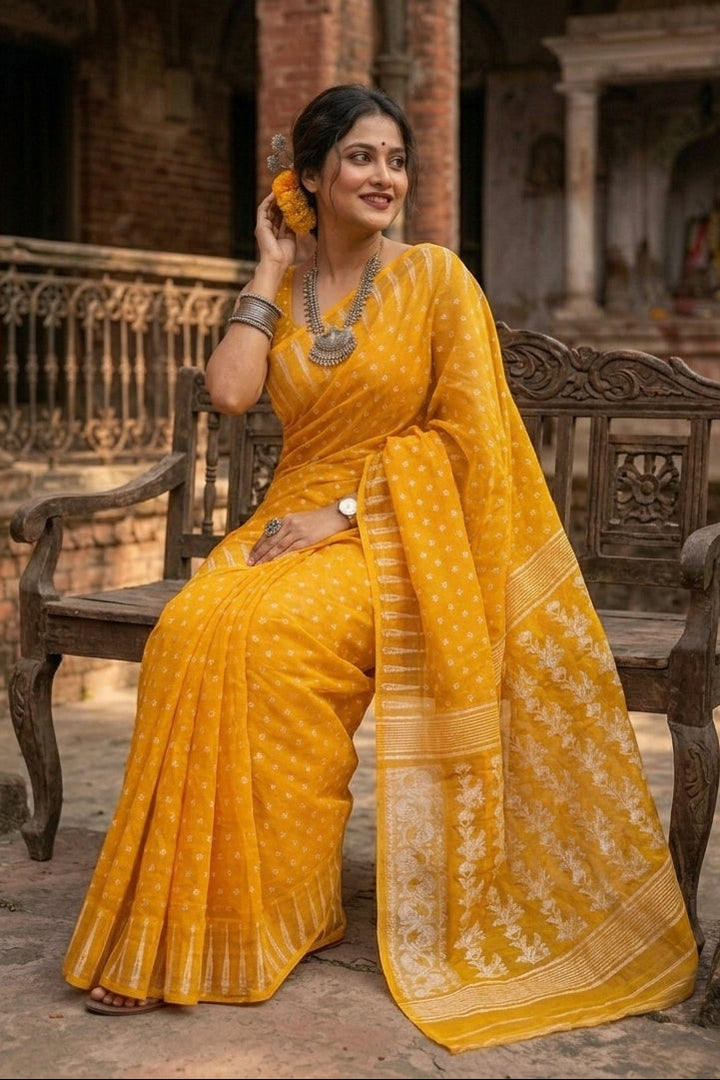 Moner Alo-Bengal Jamdani Saree (Yellow Ochre)