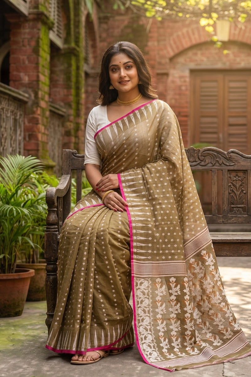 Moner Alo-Bengal Jamdani Saree (Moss Green With Pink)