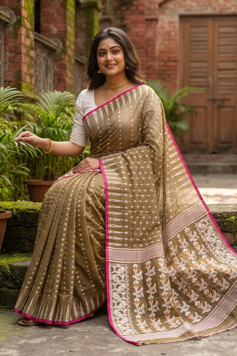 Moner Alo-Bengal Jamdani Saree (Moss Green With Pink)