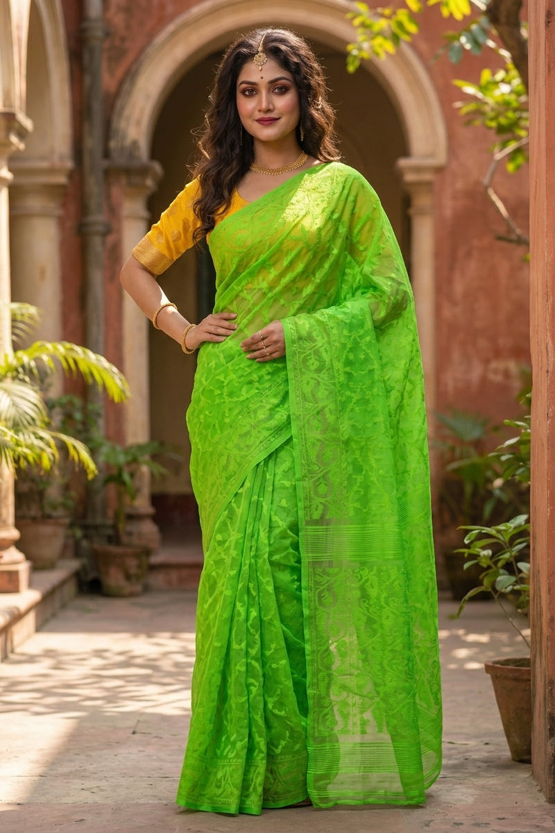Shatarupa Bengal Jamdani Saree (Lime Green)