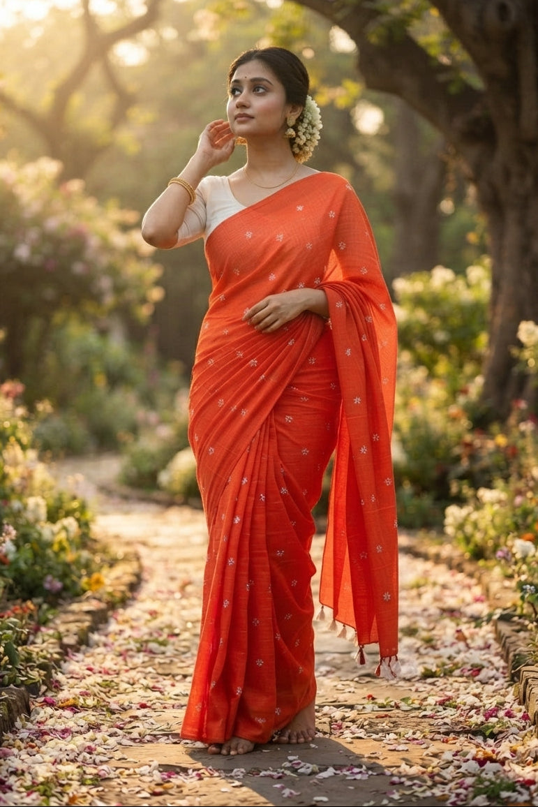 Bengal Shiuli(Jasmine) khadi Saree In Orange