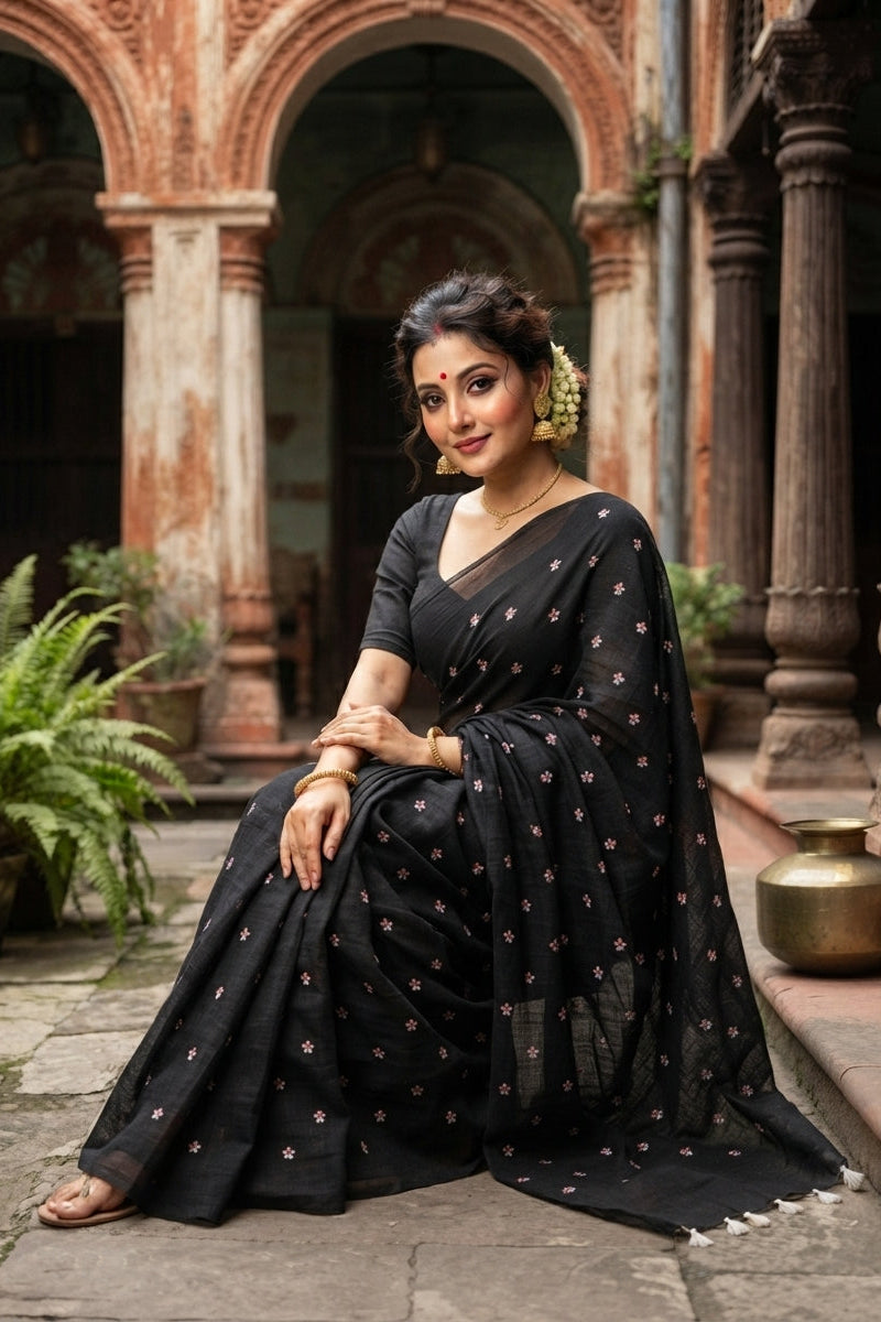 Bengal Shiuli(Jasmine) khadi Saree In Black