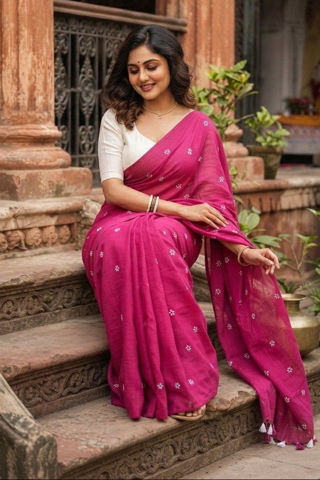 Bengal Shiuli(Jasmine) khadi Saree In Pink