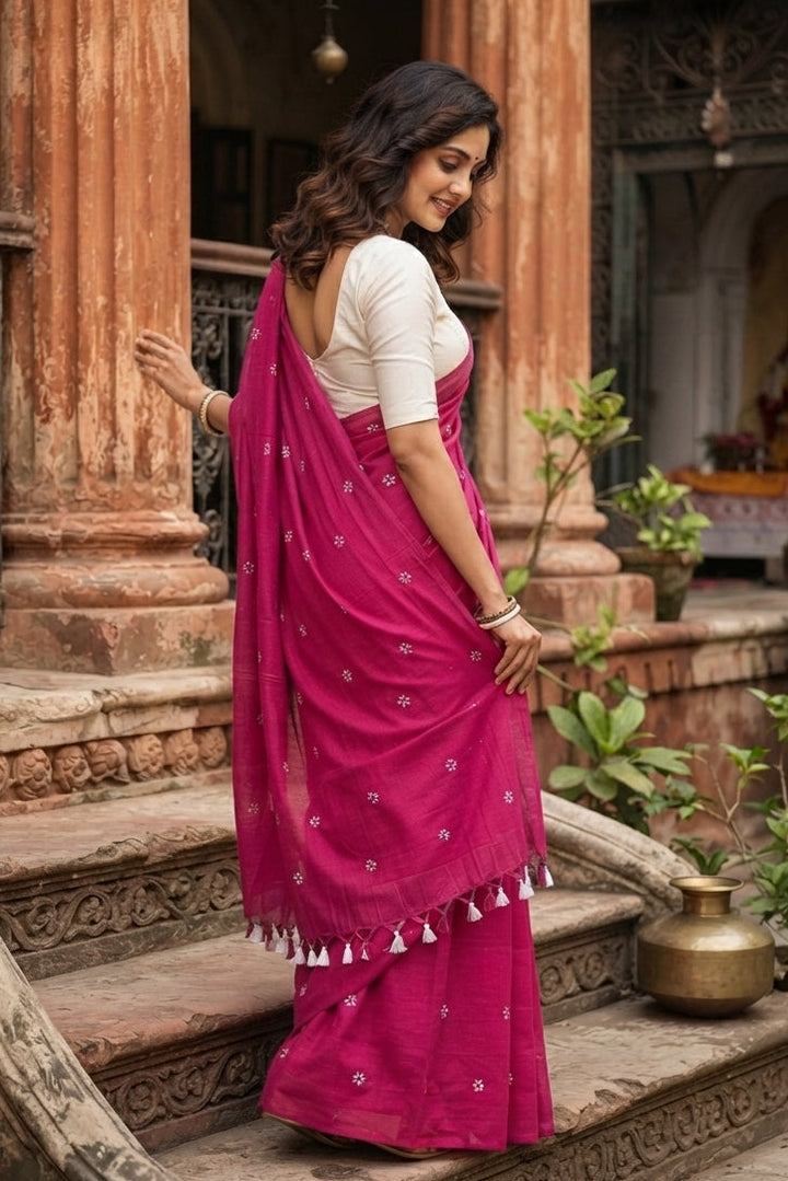 Bengal Shiuli(Jasmine) khadi Saree In Pink
