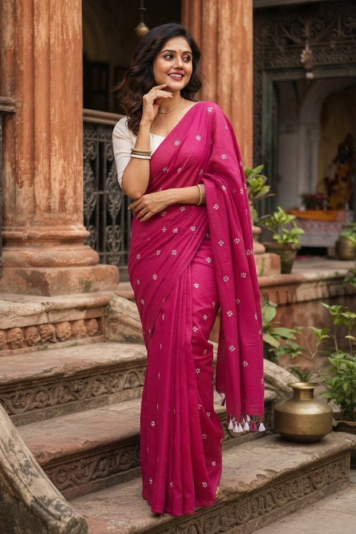 Bengal Shiuli(Jasmine) khadi Saree In Pink