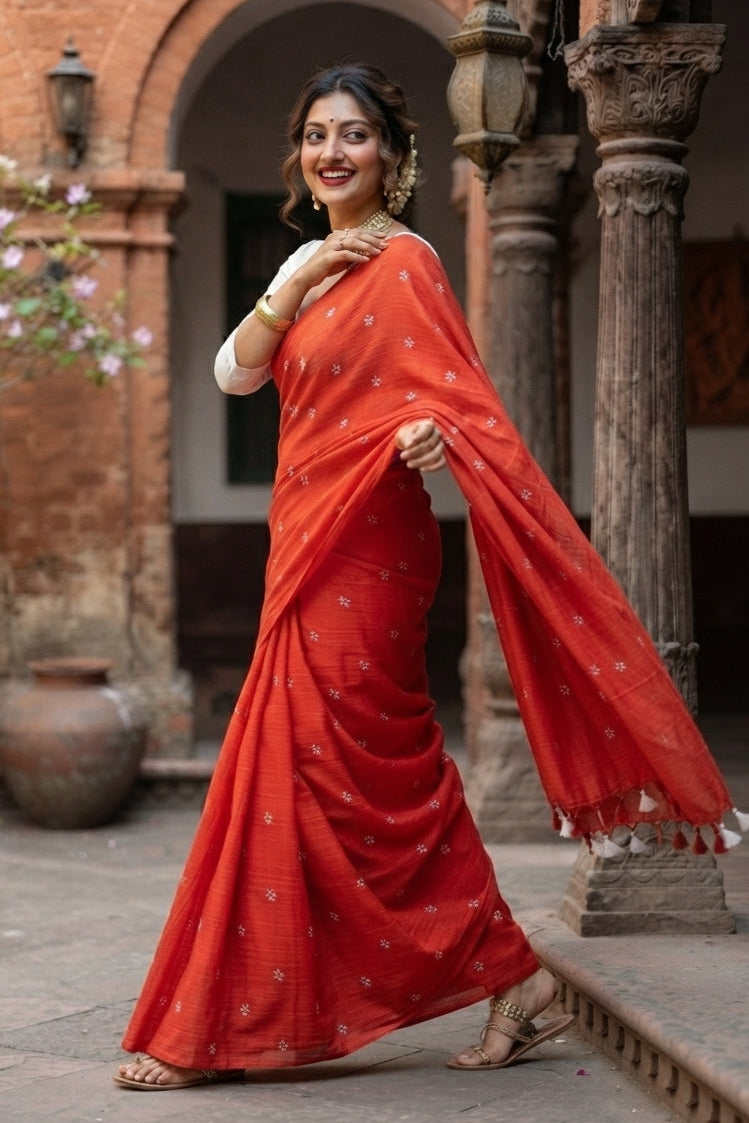 Bengal Shiuli(Jasmine) khadi Saree In Orange