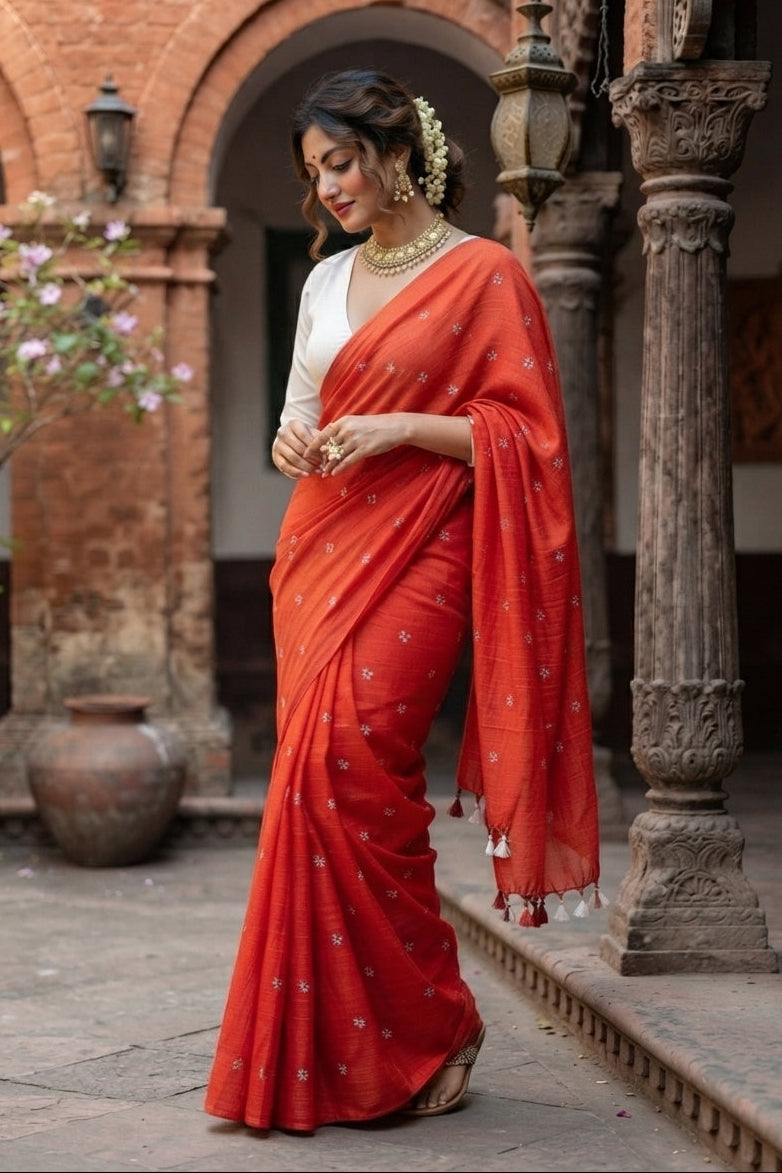Bengal Shiuli(Jasmine) khadi Saree In Orange