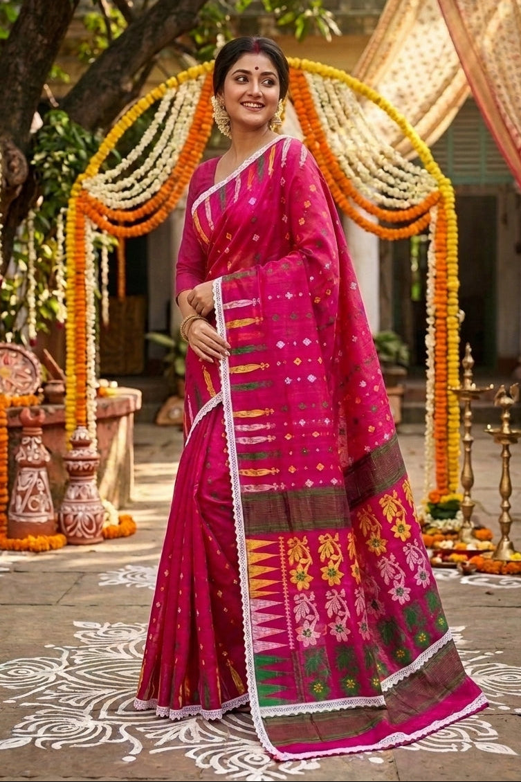 Binodini Bengal Jamdani Saree(Pink Green Yellow)