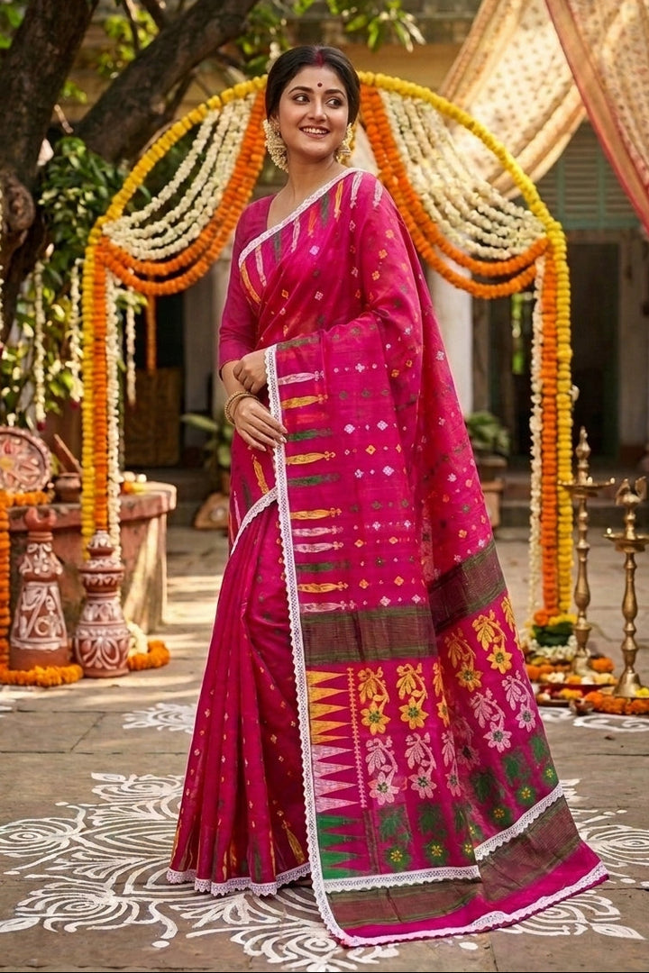 Binodini Bengal Jamdani Saree(Pink Green Yellow)