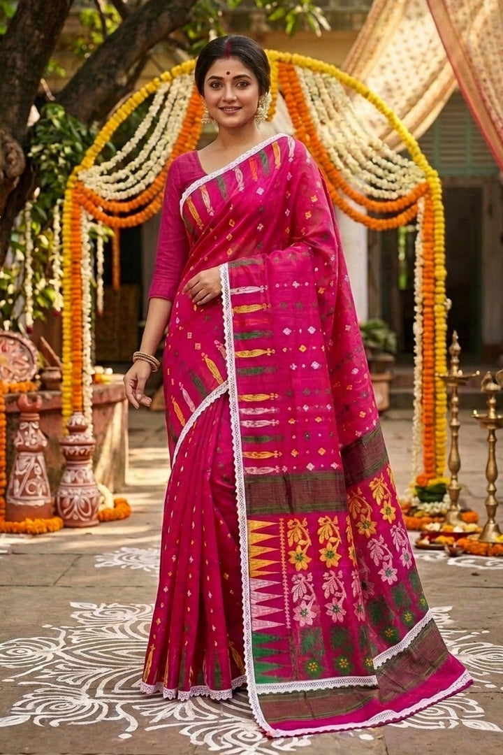Binodini Bengal Jamdani Saree(Pink Green Yellow)