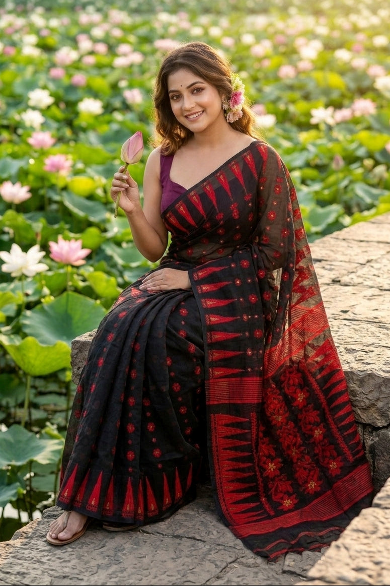 Suranjali Bengal Jamdani Saree (Black)