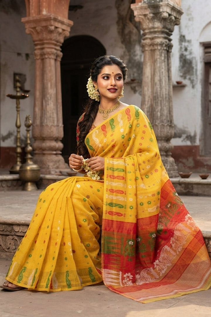 Suranjali Bengal Jamdani Saree (Yellow Red)