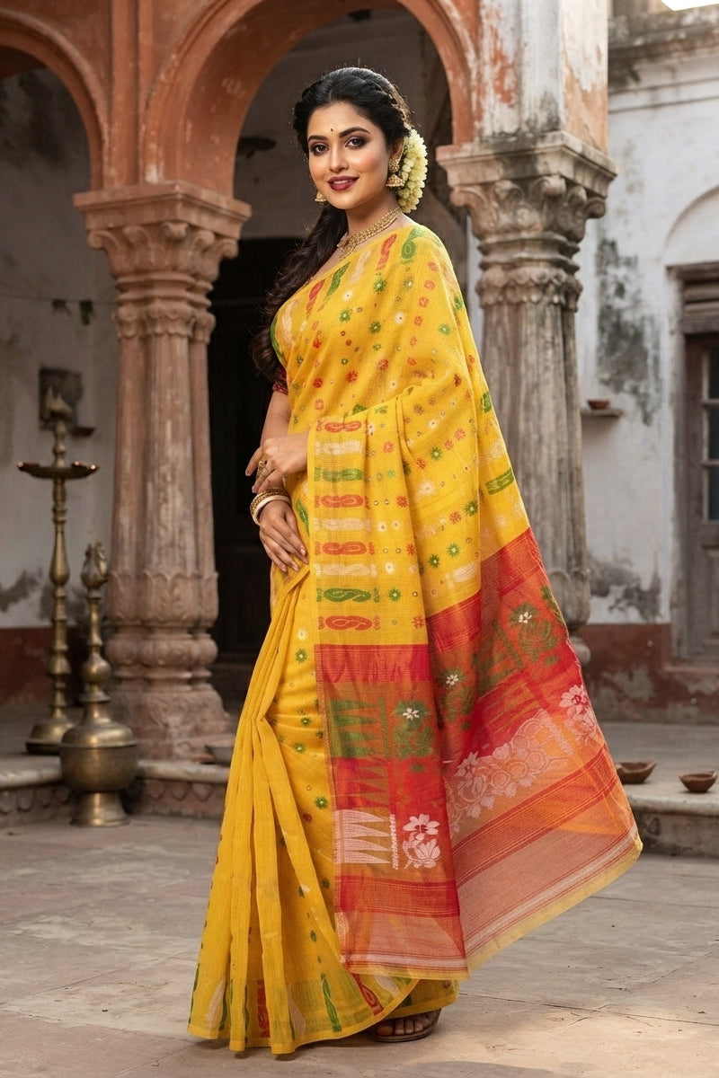 Suranjali Bengal Jamdani Saree (Yellow Red)